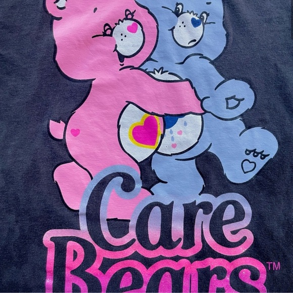 CARE BEARS BABY TEE GRUMPY BEAR HAPPY BEAR HUG CHARCOAL GREY PINK BLUE GLITTER - Picture 3 of 8